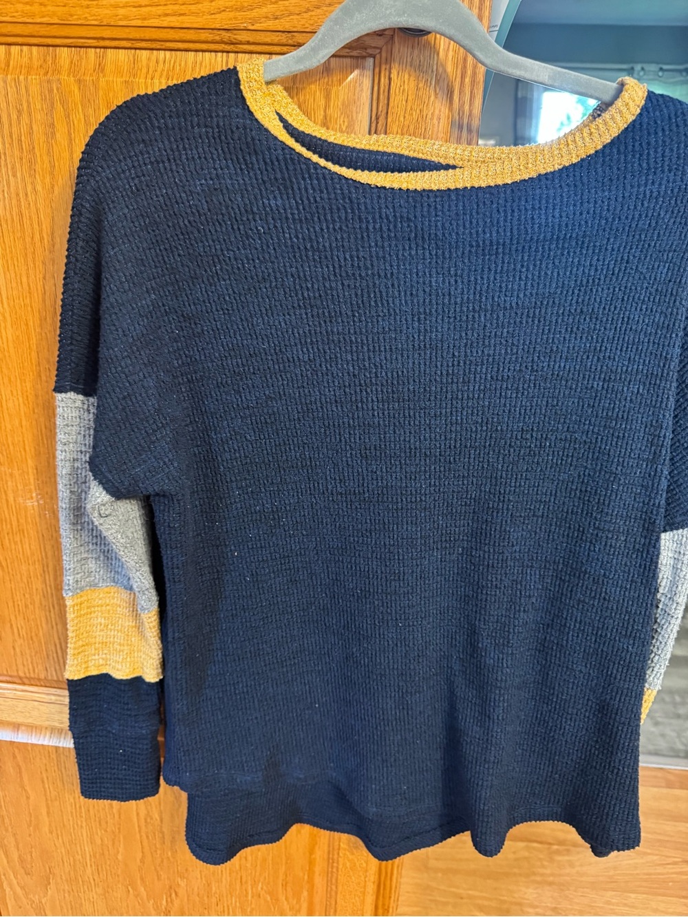 SO Navy Crewneck Sweater with Mustard and Gray Colorblock